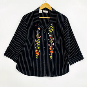 Kathy Che Top Women's Size 14 Black Vertical Stripes Floral Shirt Button Up
